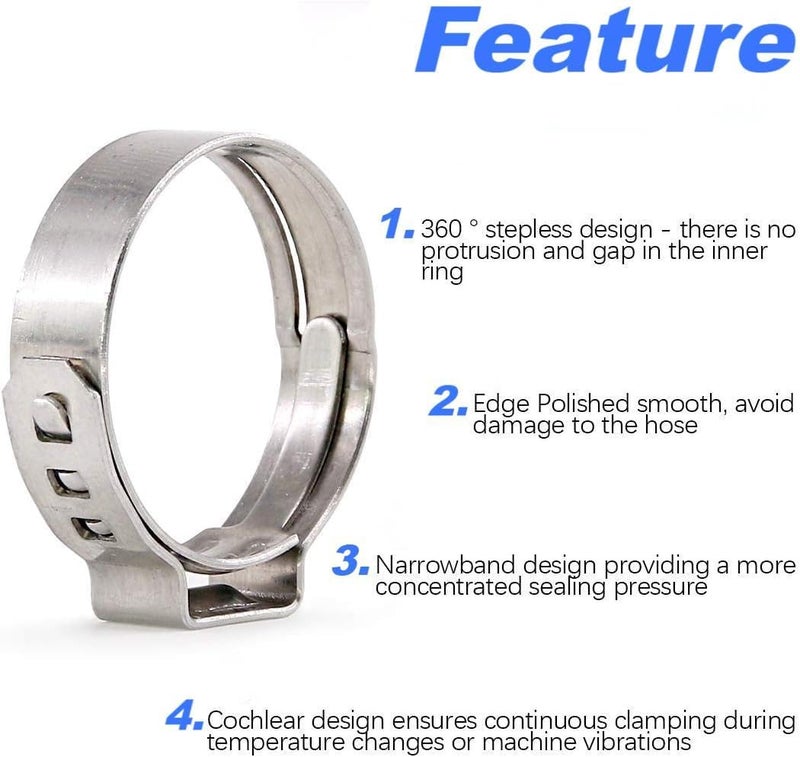 LAZIRO 50Pcs 26.4mm-29.6mm （1inch）Single Ear Hose Clamp Hose Crimp Clamps Ear Crimp Rings Ear Stepless Hose Clamp Pinch Clamps for Hose Pipe Clamp Tools (1inch) - Image 2